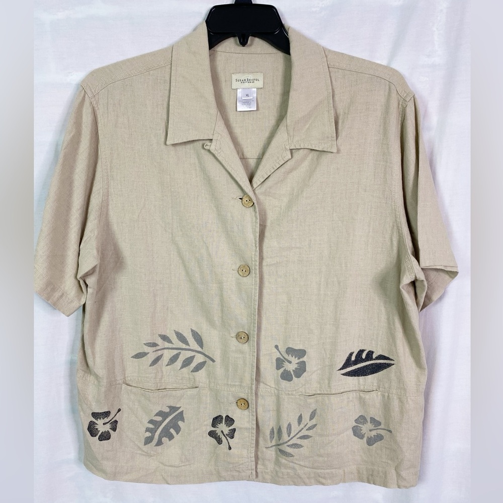 Susan Bristol Vintage Palm Leaf Print Khaki Linen Button zip Top XL